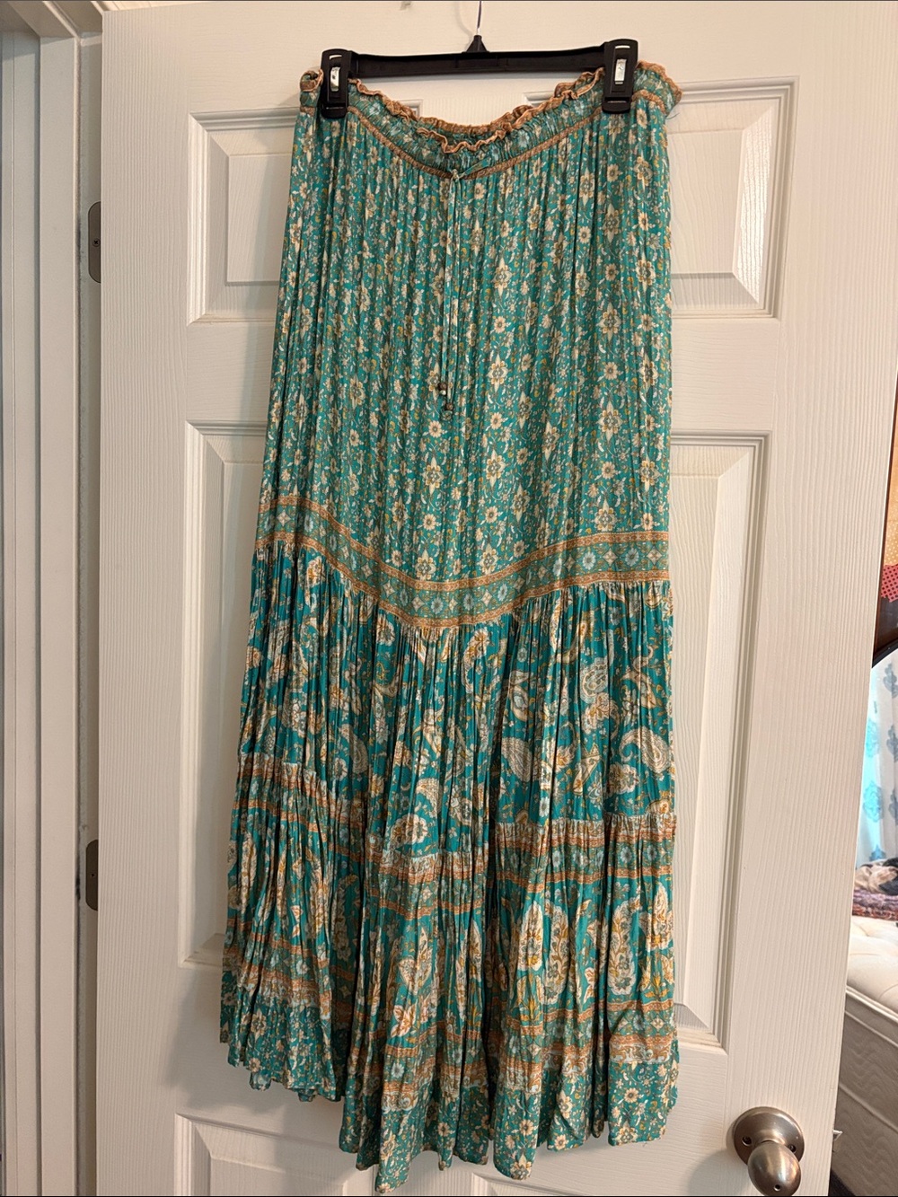 Arnham Bohemian Teal Floral Maxi Skirt with Paisley Trim Size 12/14/16